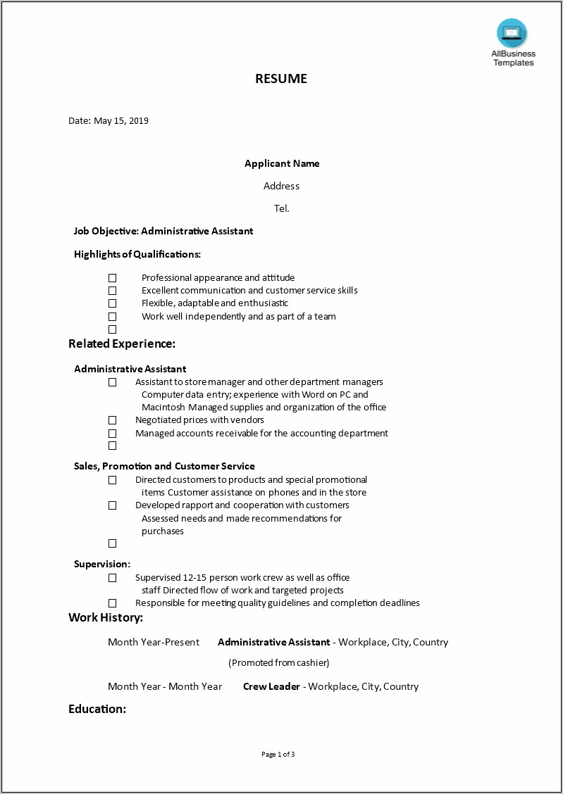 Example Resume For Admin Clerk