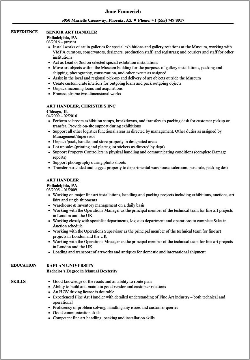 Example Resume For Art Museum