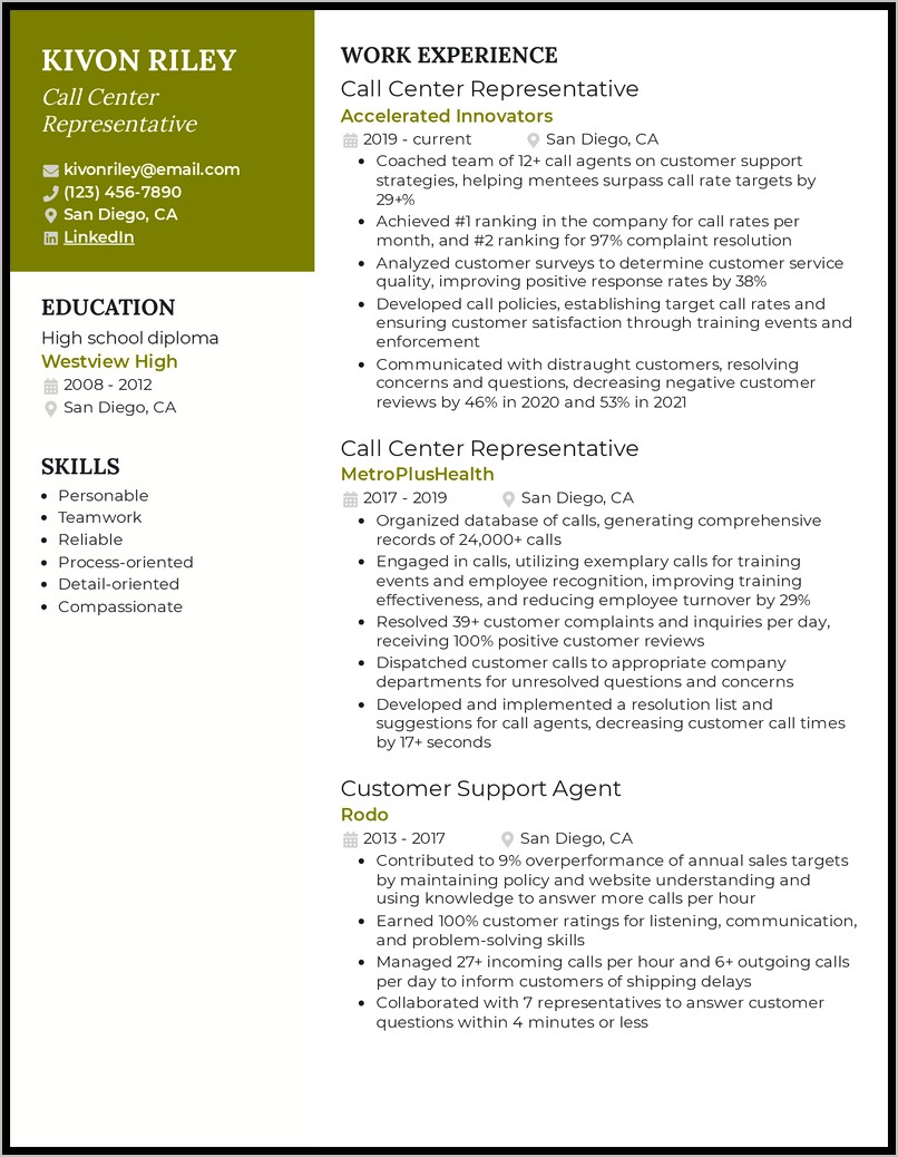Example Resume For Call Center
