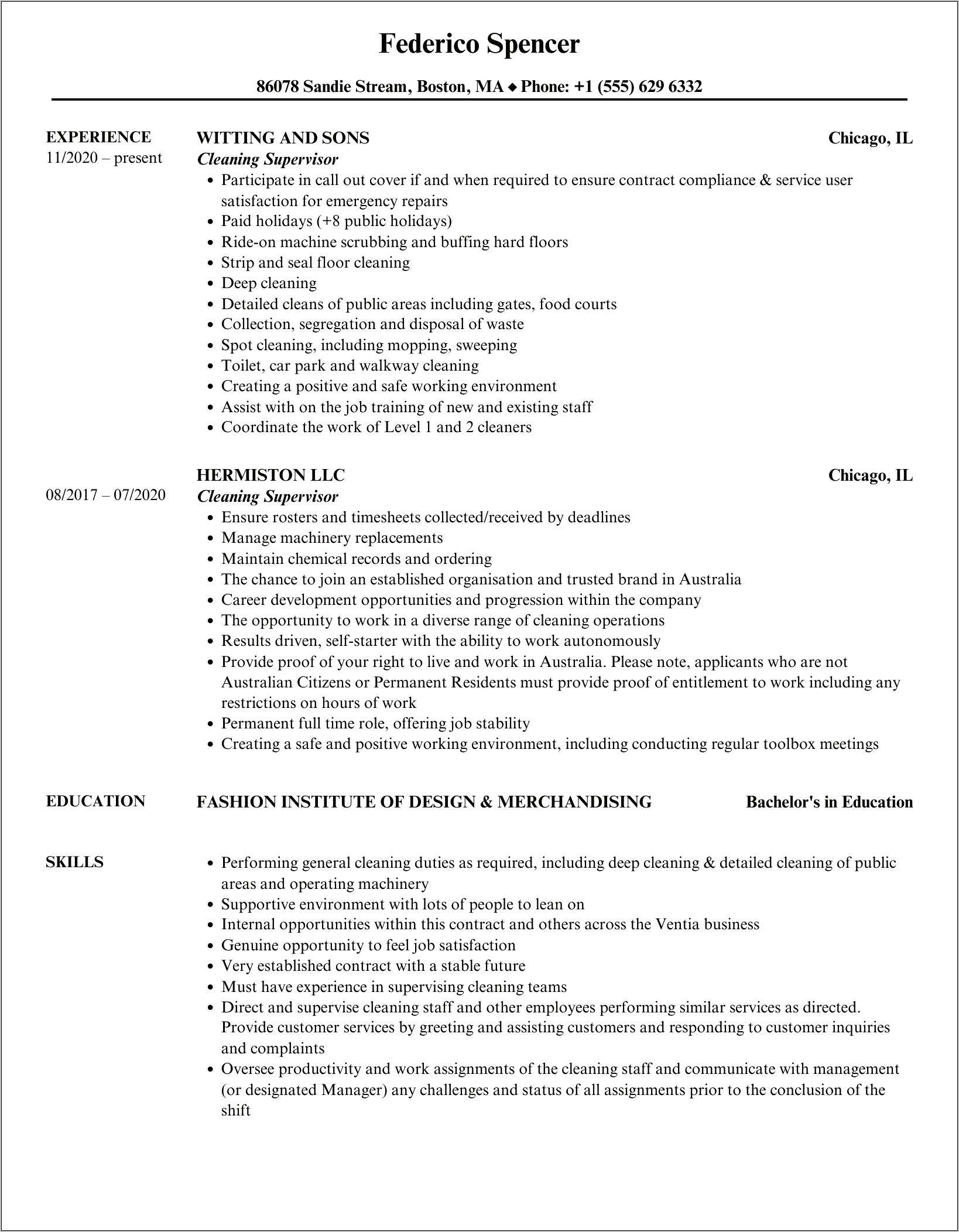 Example Resume For Cleaning Supervisor