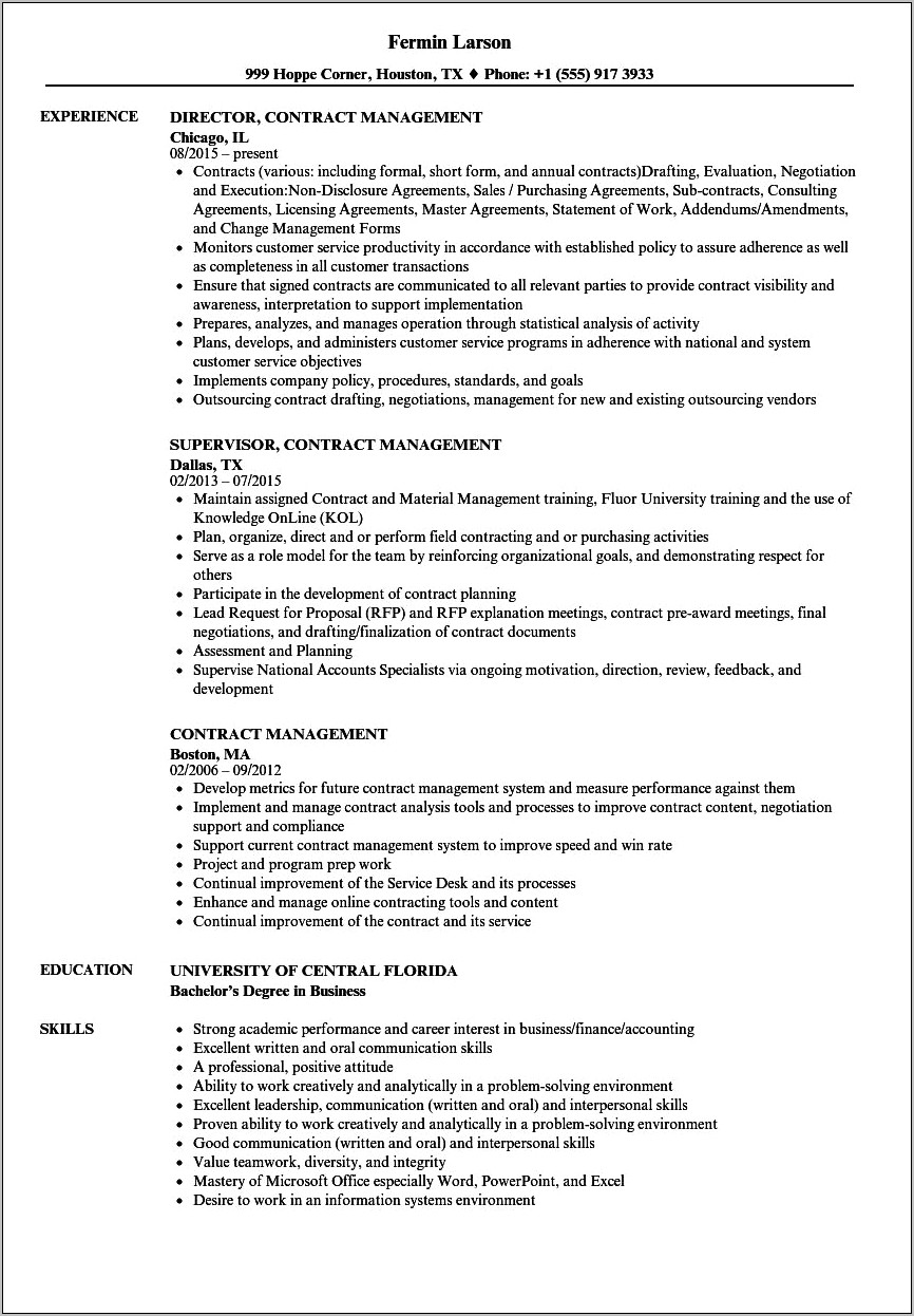 Example Resume For Contract Employee