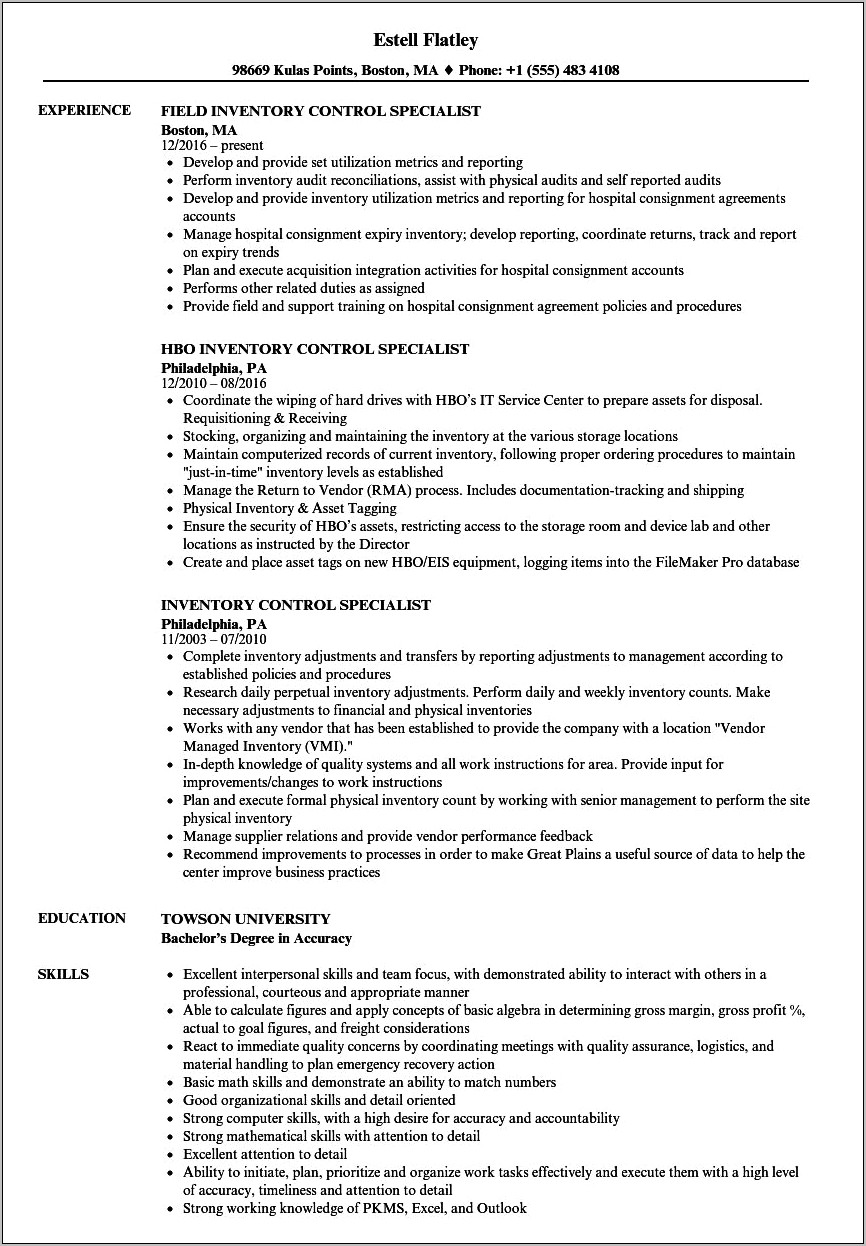 Example Resume For Inventory Specialist