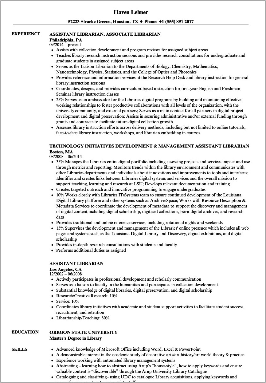 Example Resume For Library Job