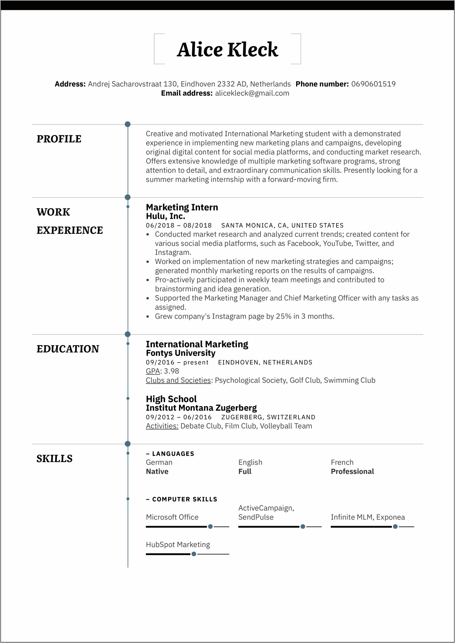 Example Resume For Marketing Internship