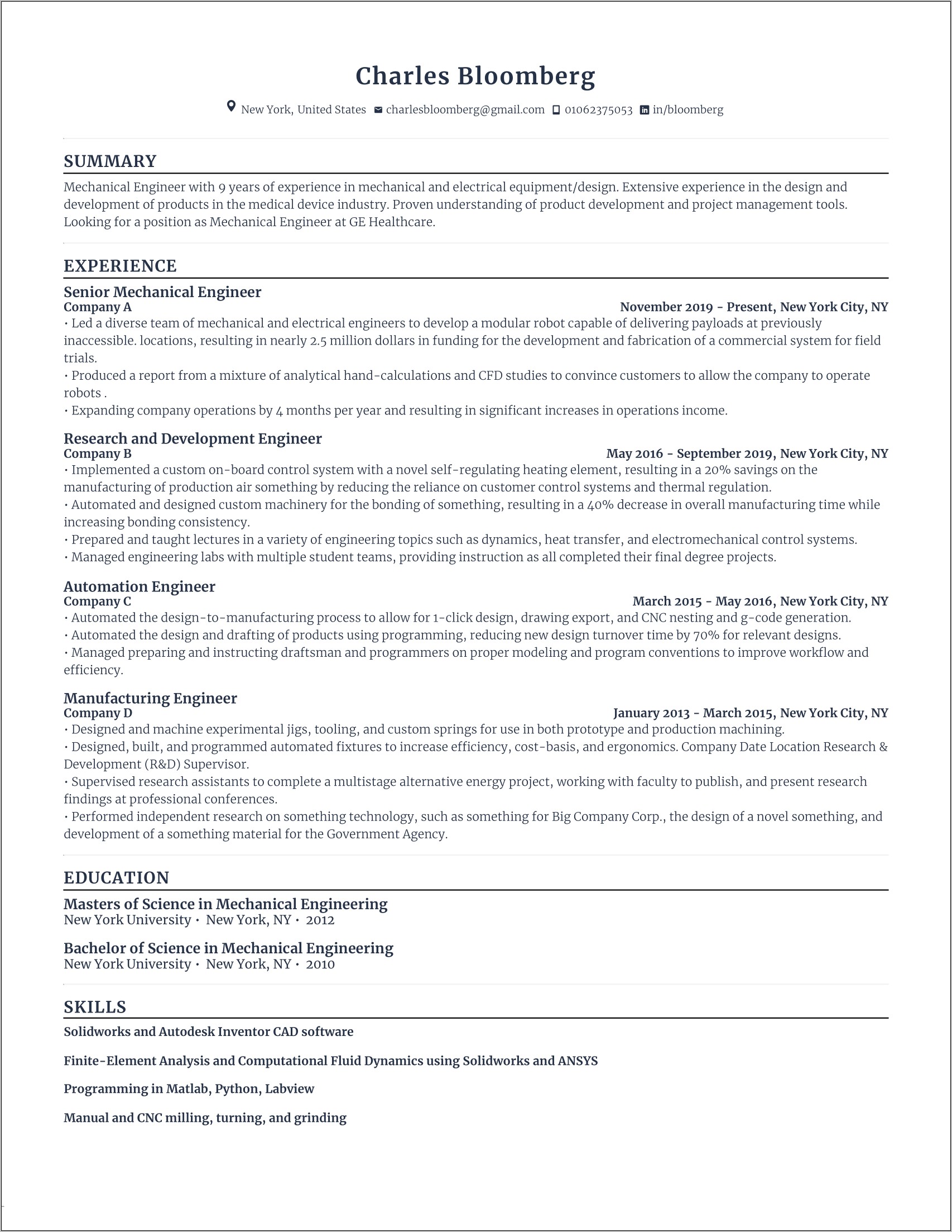 Example Resume For Mechanical Engineer