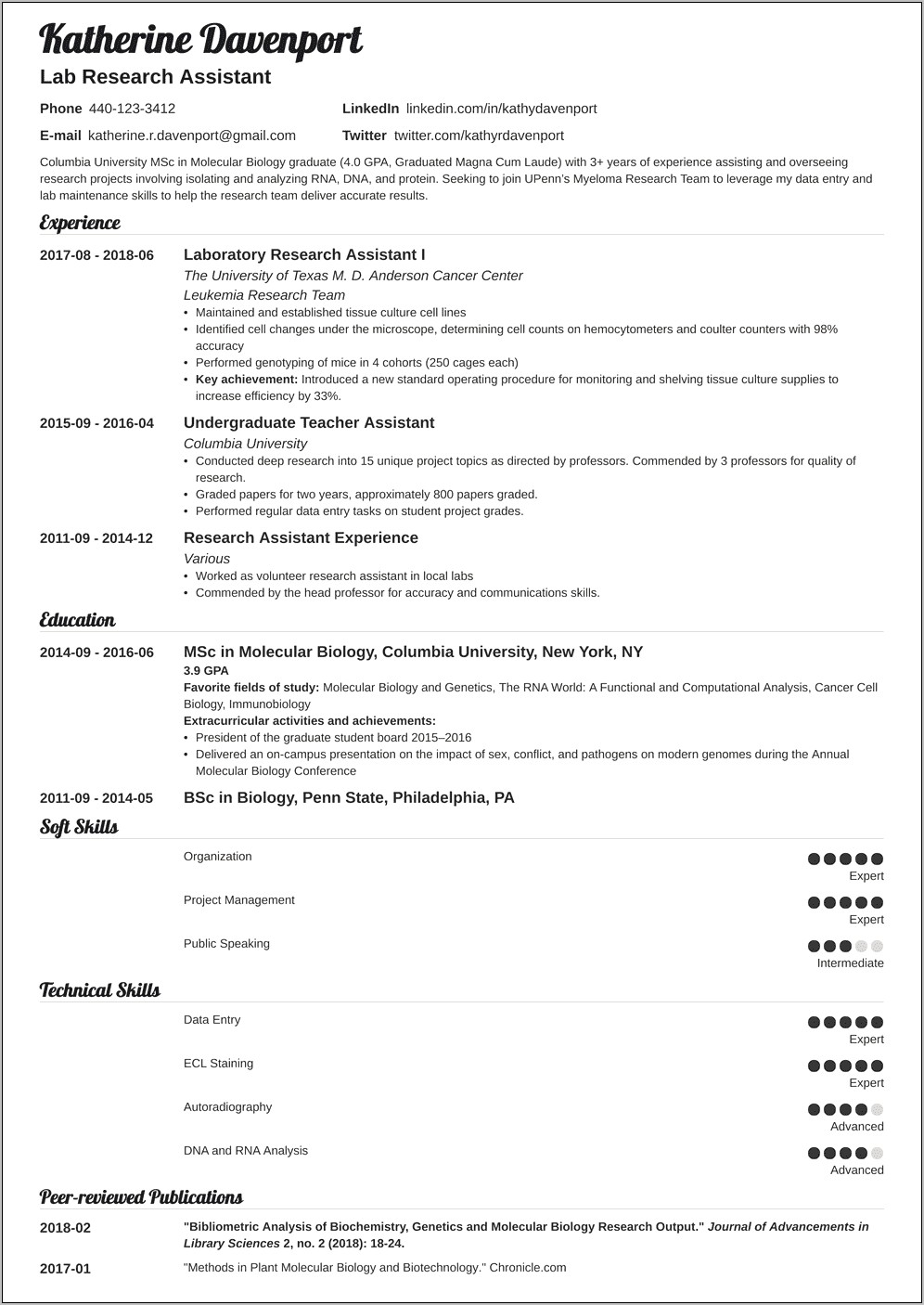 Example Resume For Research Assistant