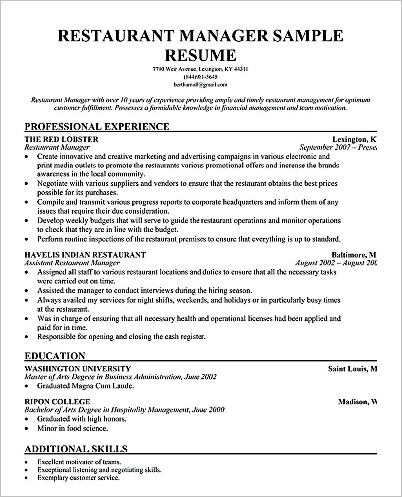 Example Resume For Restaurant Management