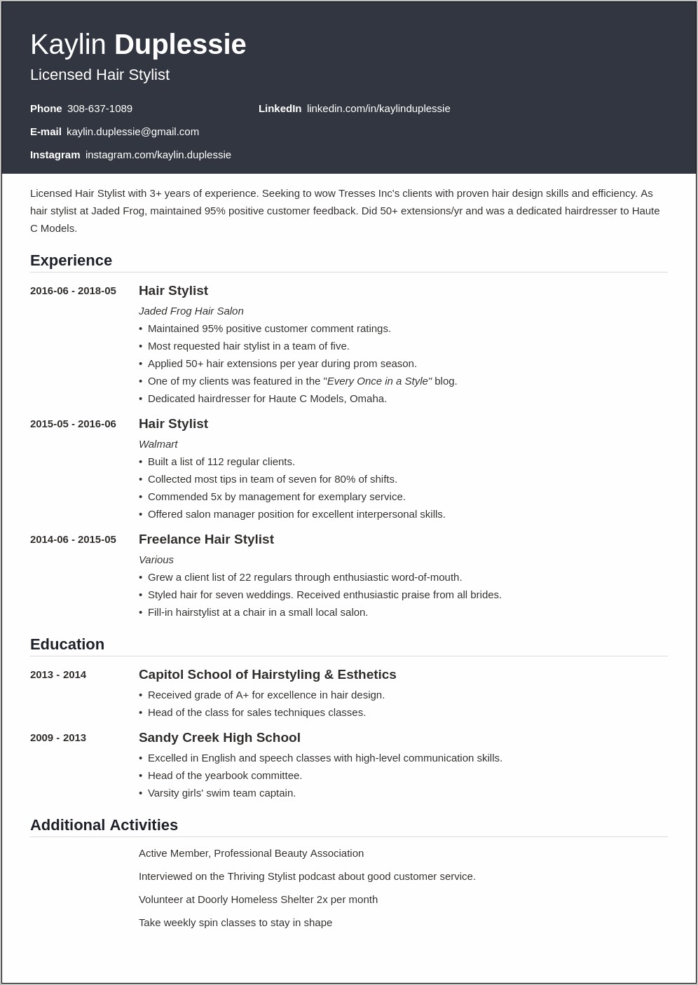 Example Resume For Salon Manager