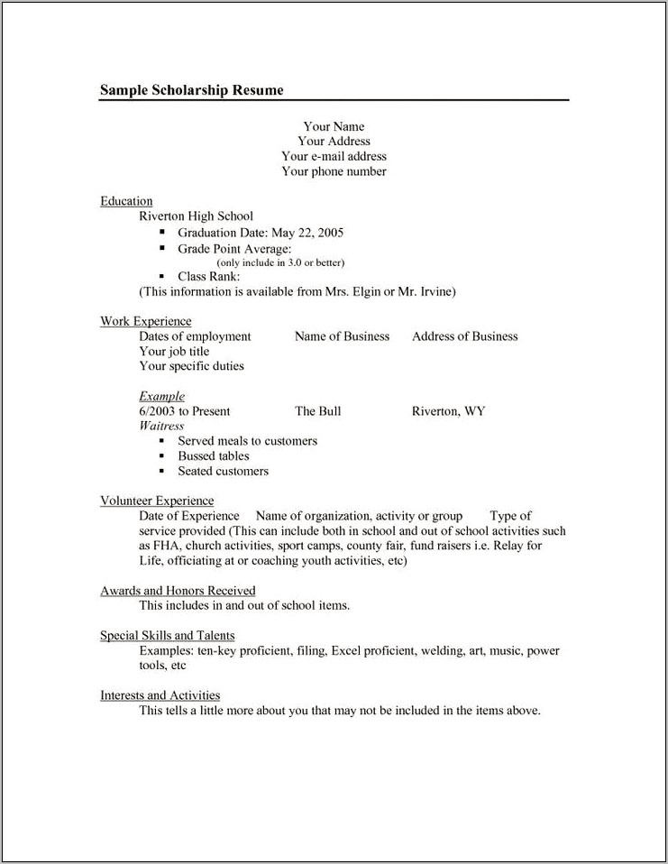 Example Resume For Scholarship Application