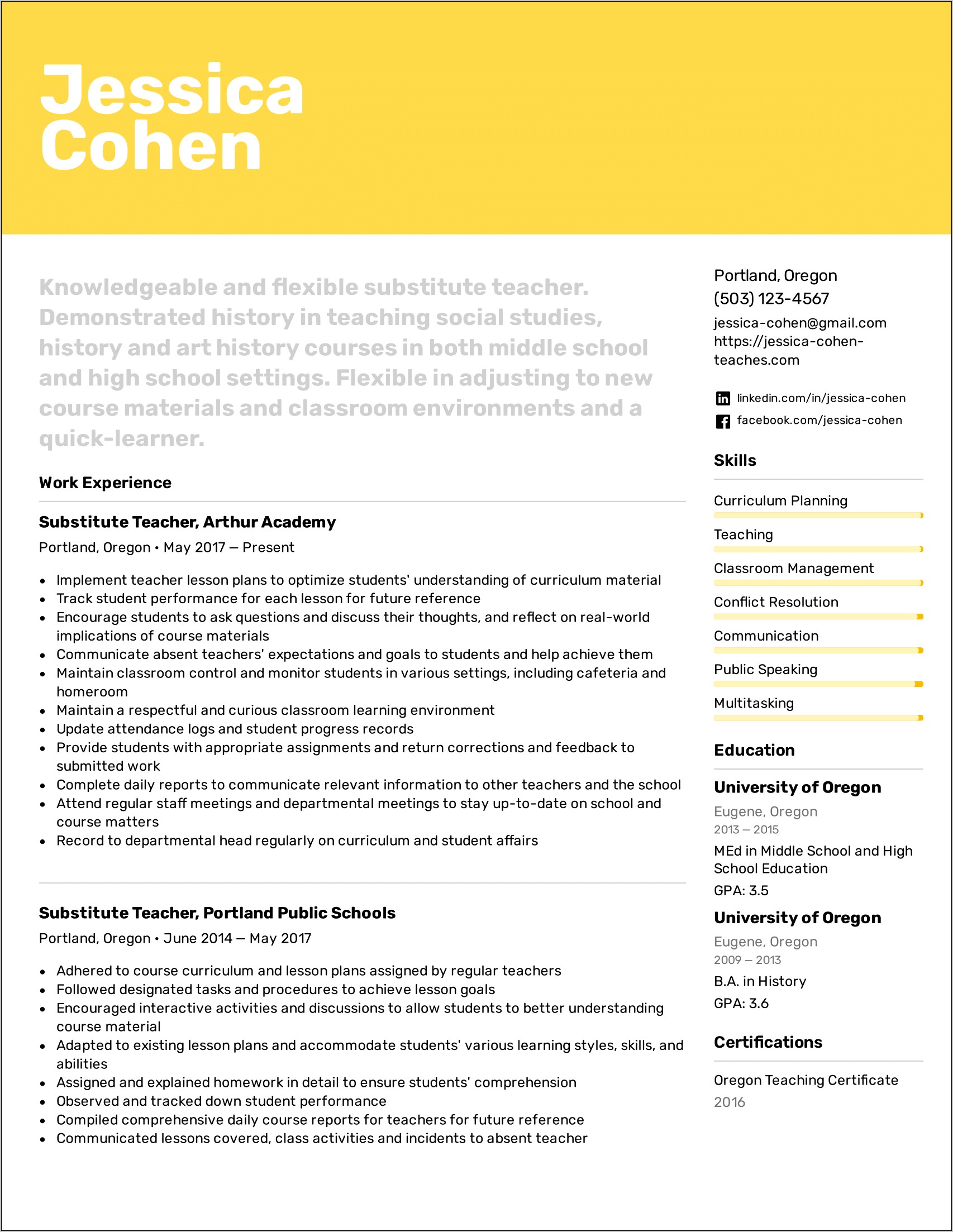 Example Resume For Substitute Teaching
