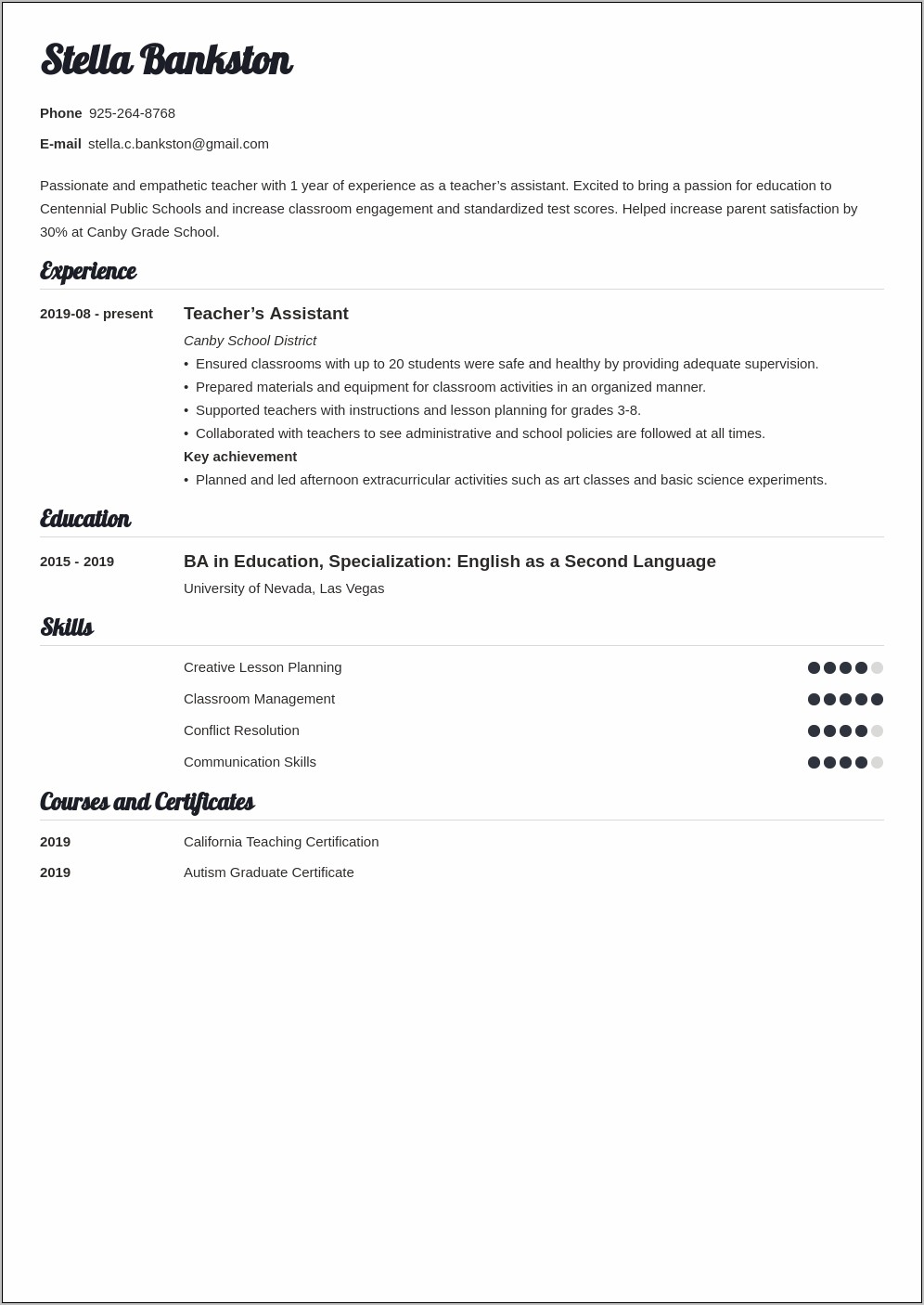 Example Resume For Teacher Experience