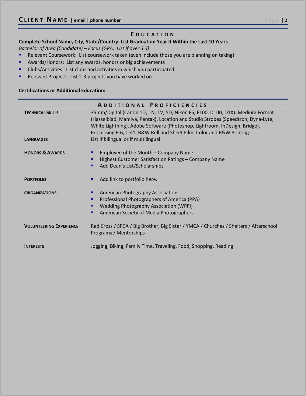 Example Resume Of A Photographer