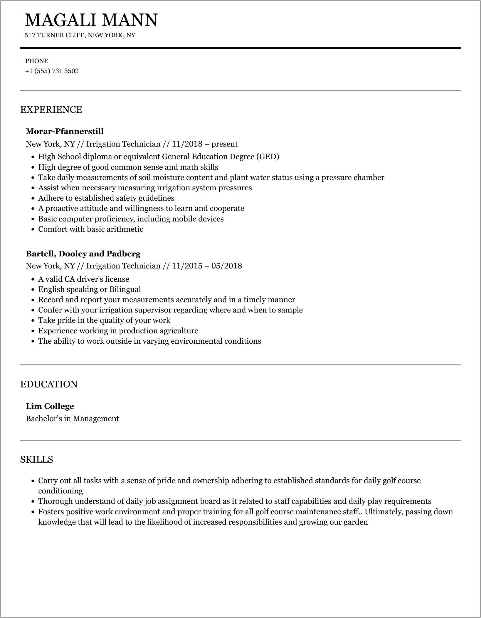Example Resume Of Irrigation Technician