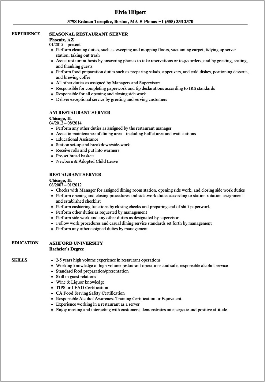 Example Resume Of Restaurant Work
