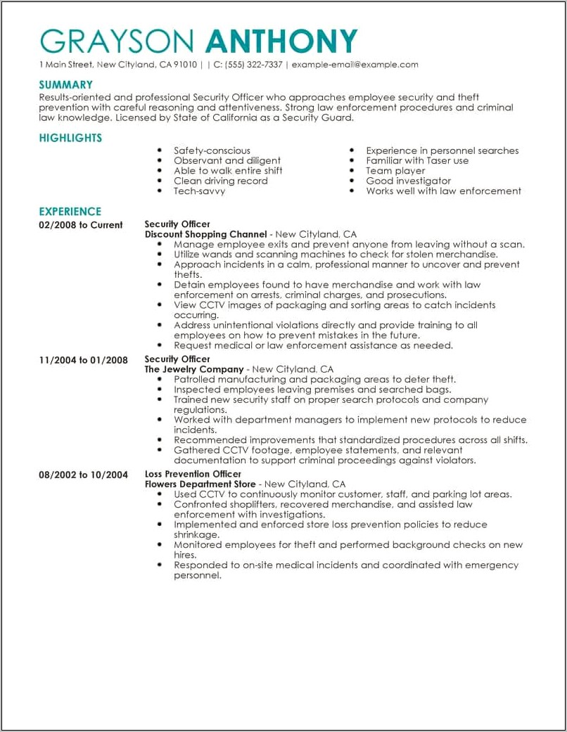 Example Resume Of Security Guard