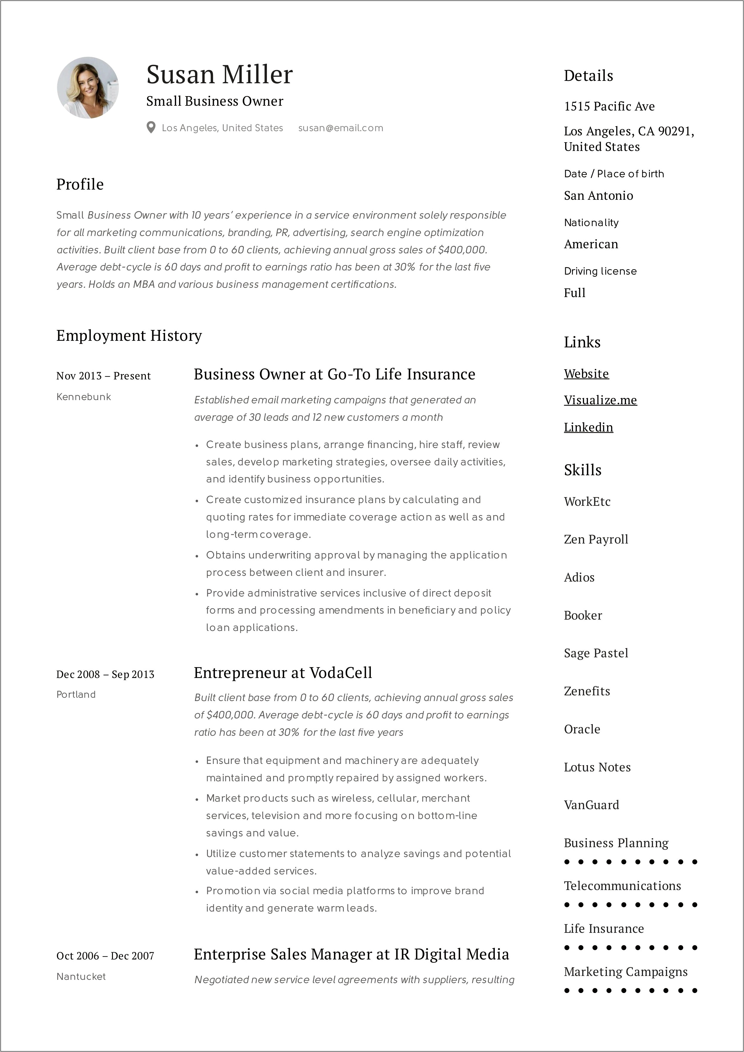 Example Resume With Personal Business