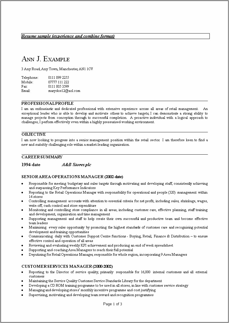 Example Store Operations Executive Resume