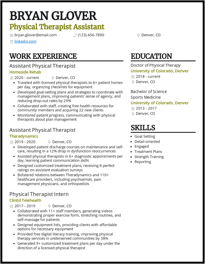 Example Student Physical Therapist Resume