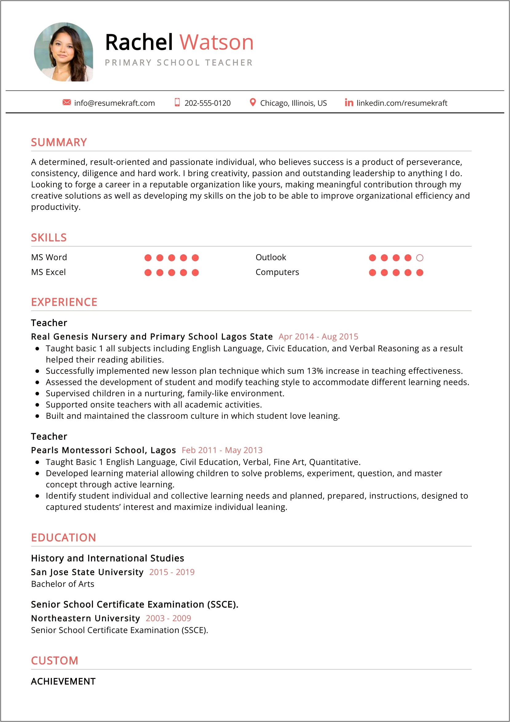 Example Teacher Resume With Experience