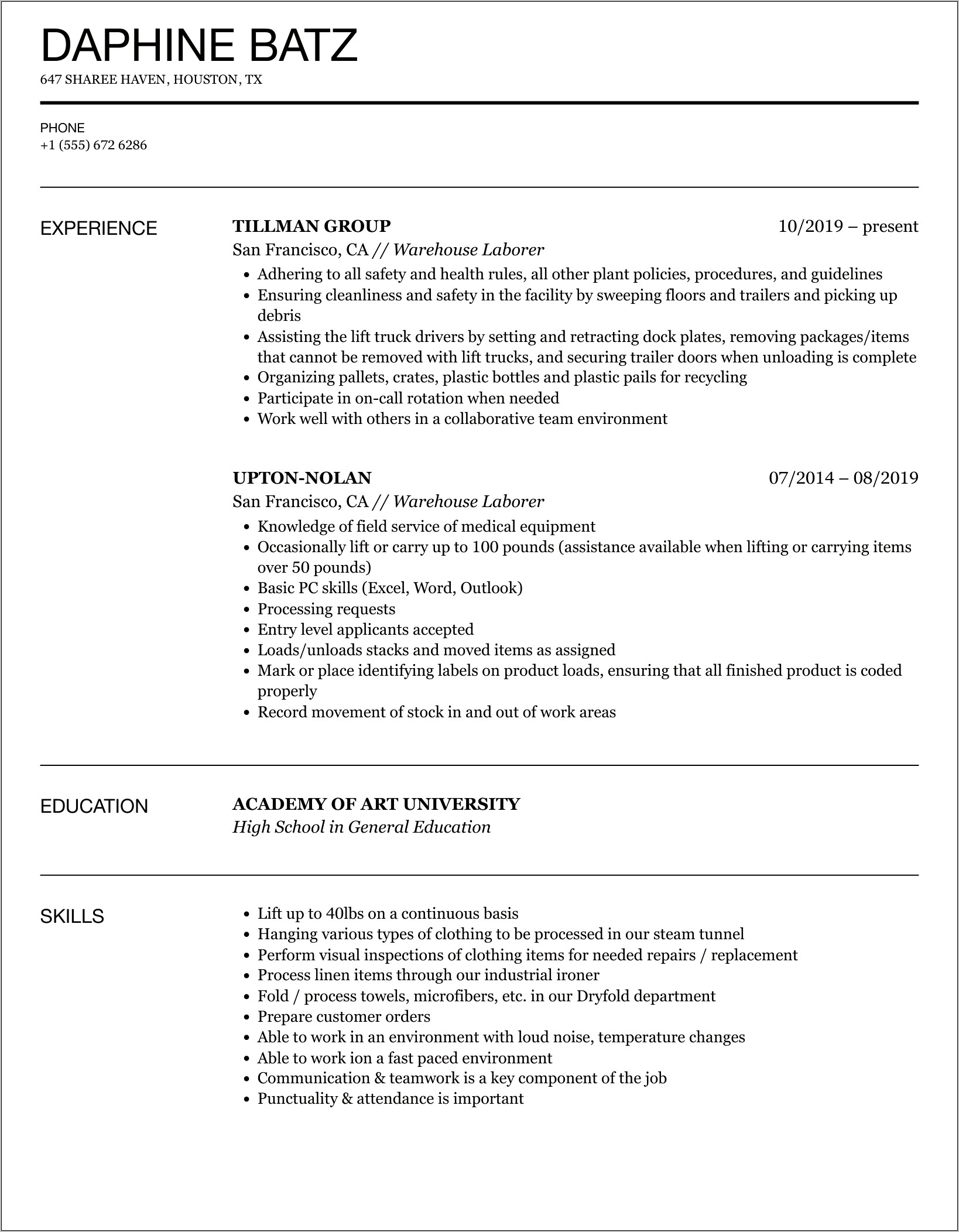 Example Temporary Freight Laborer Resume