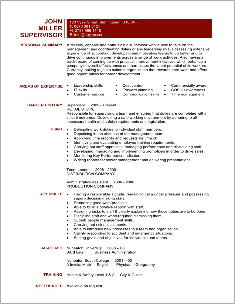 Examples Of A Supervisor Resume
