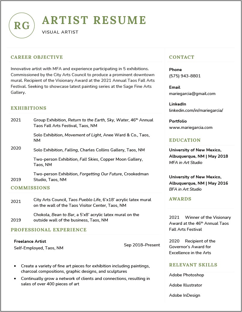 Examples Of Art Student Resume