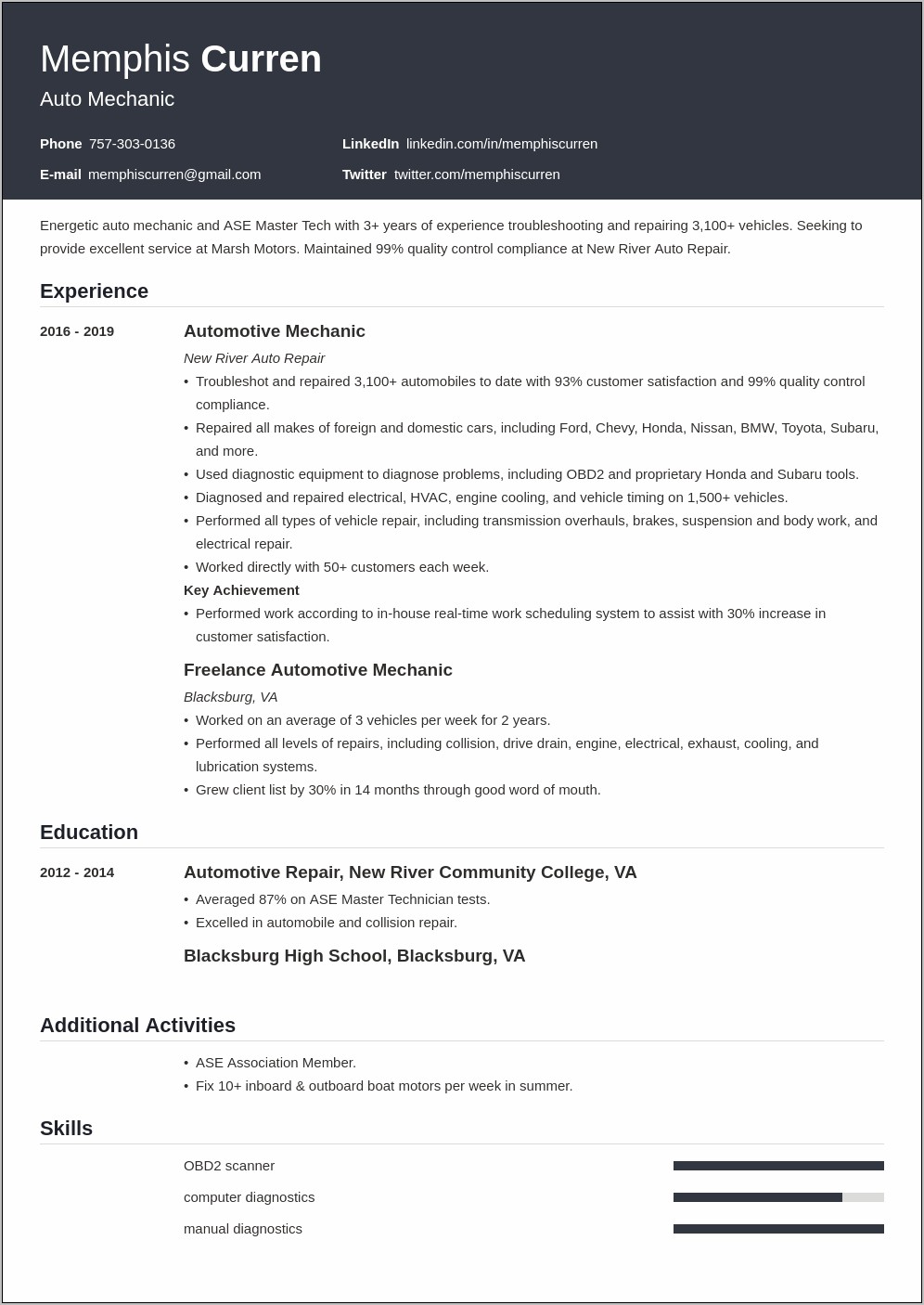 Examples Of Automotice Technician Resume