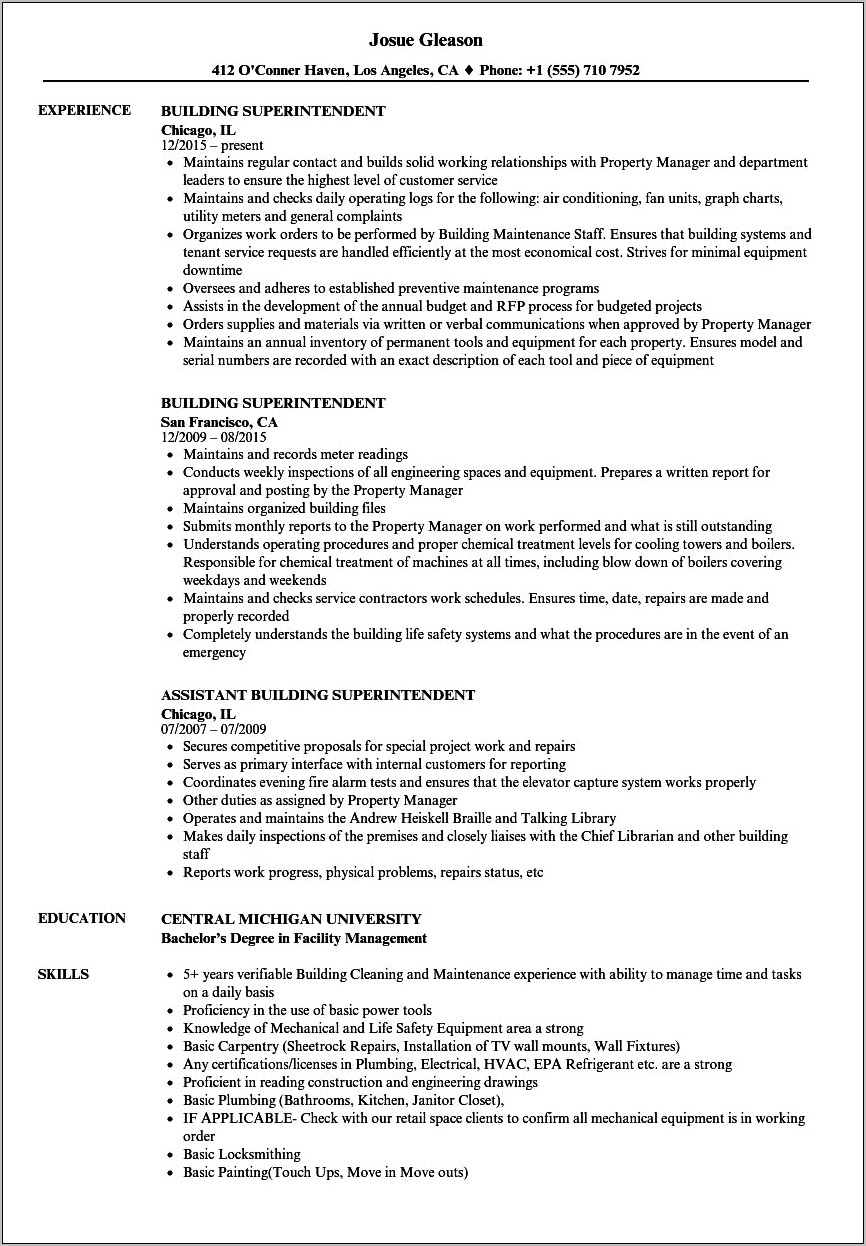 Examples Of Construction Superintendent Resume
