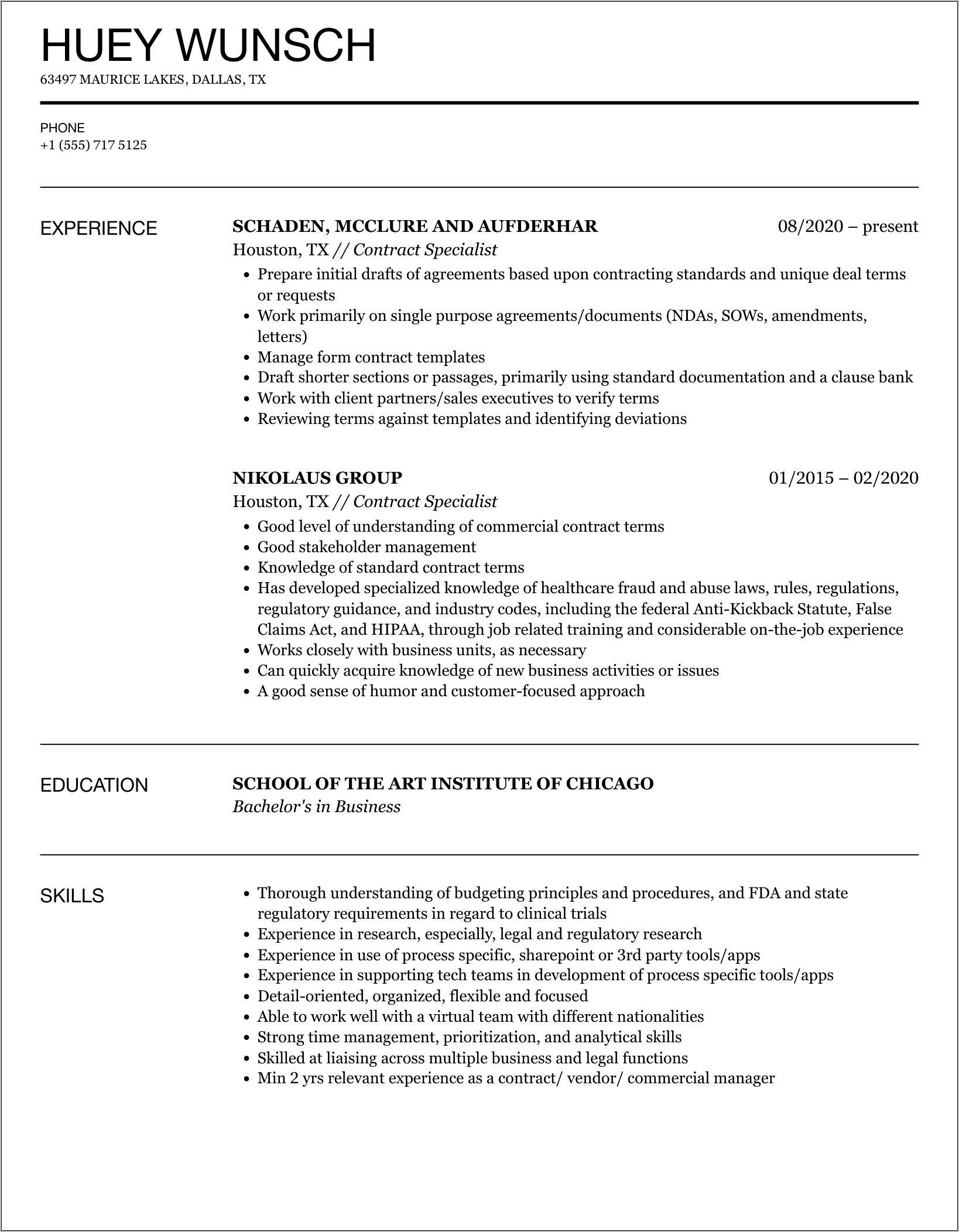 Examples Of Contracts On Resume