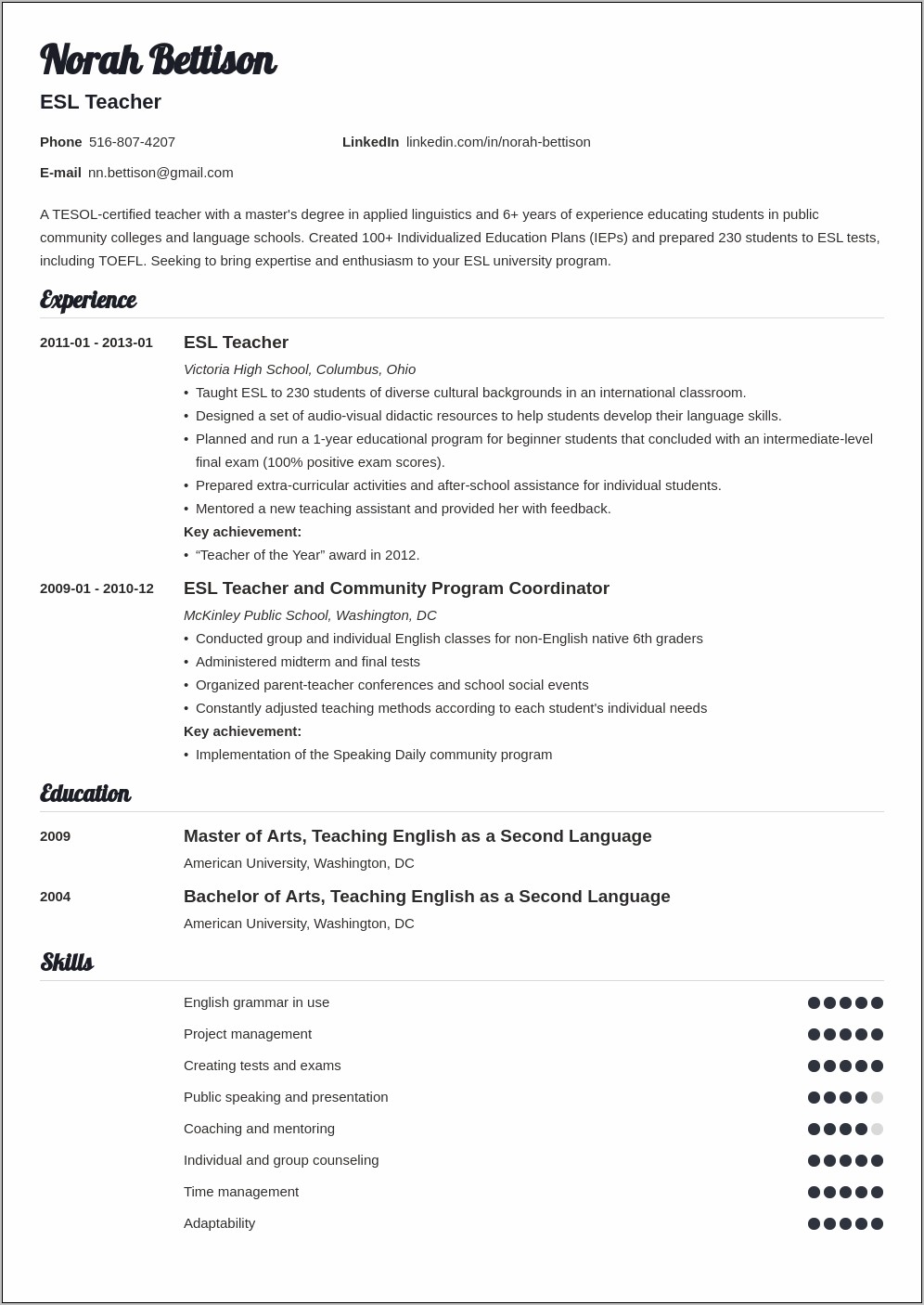 Examples Of Esl Adult Resumes