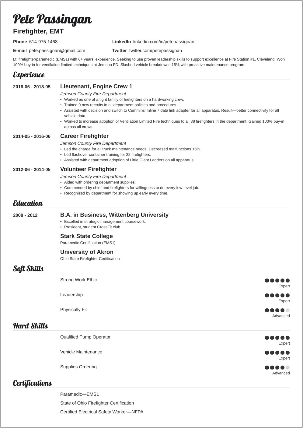 Examples Of Fire Fighters Resume