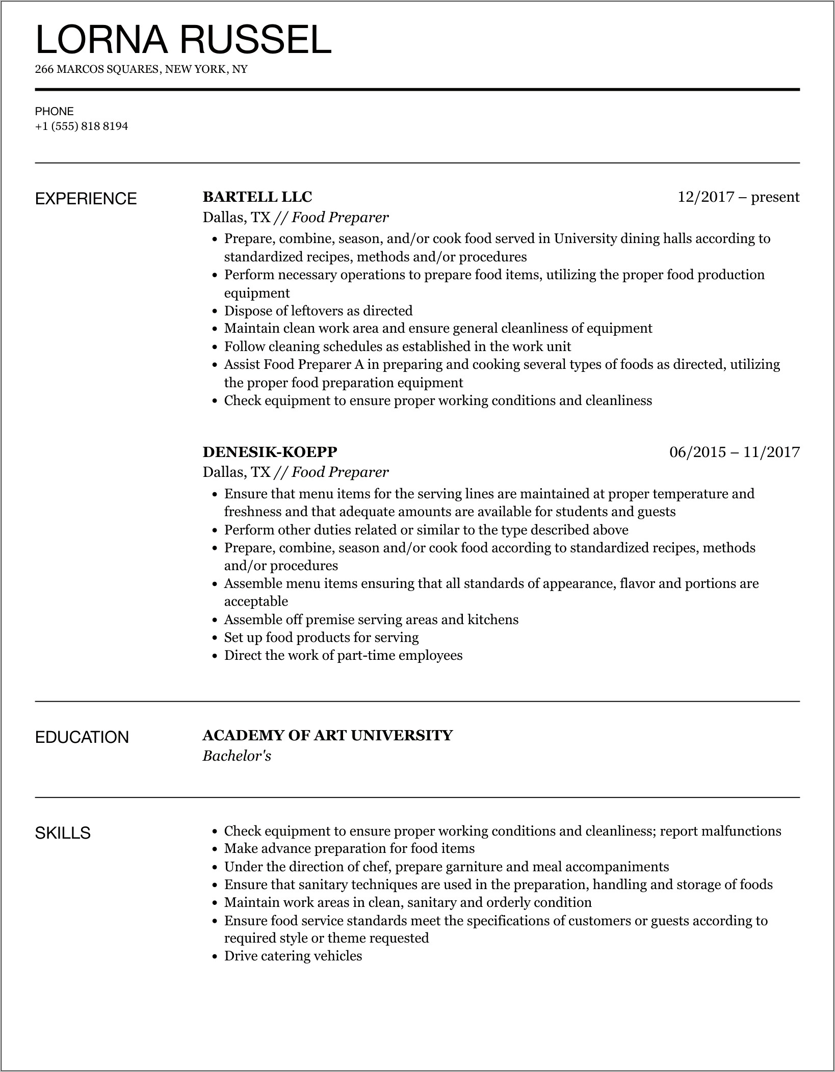 Examples Of Food Preparation Resume