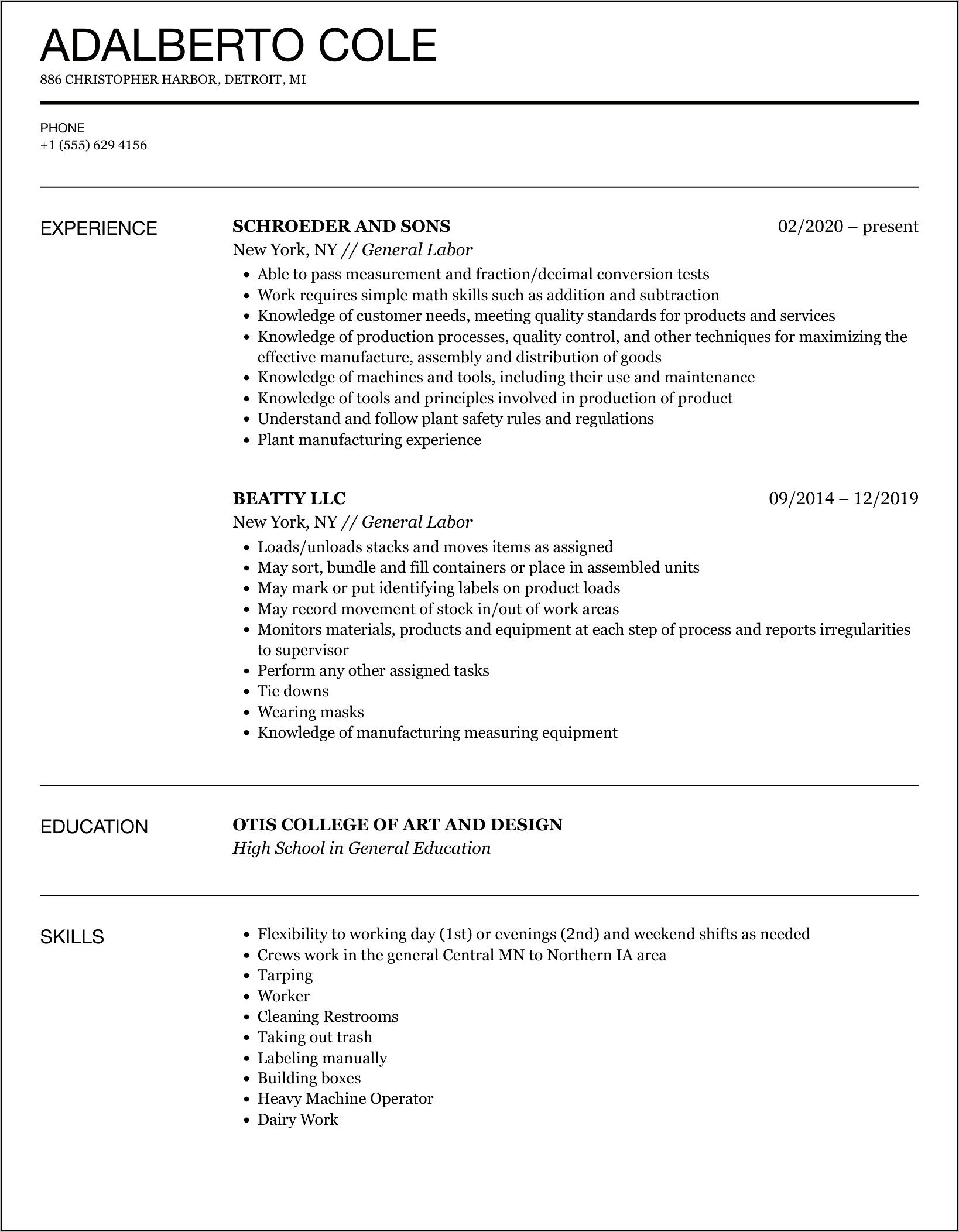 Examples Of General Labourer Resume