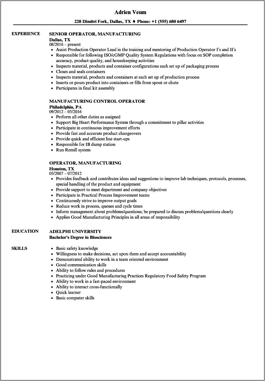 Examples Of Good Manufacturing Resumes