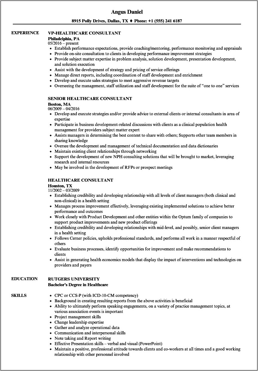 Examples Of Healthcare Consulting Resumes