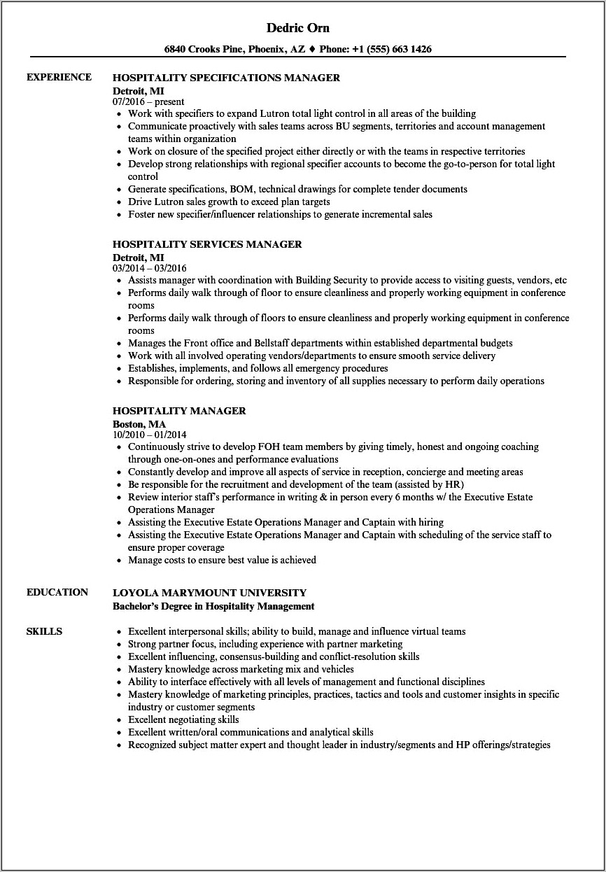 Examples Of Hospitality Management Resumes