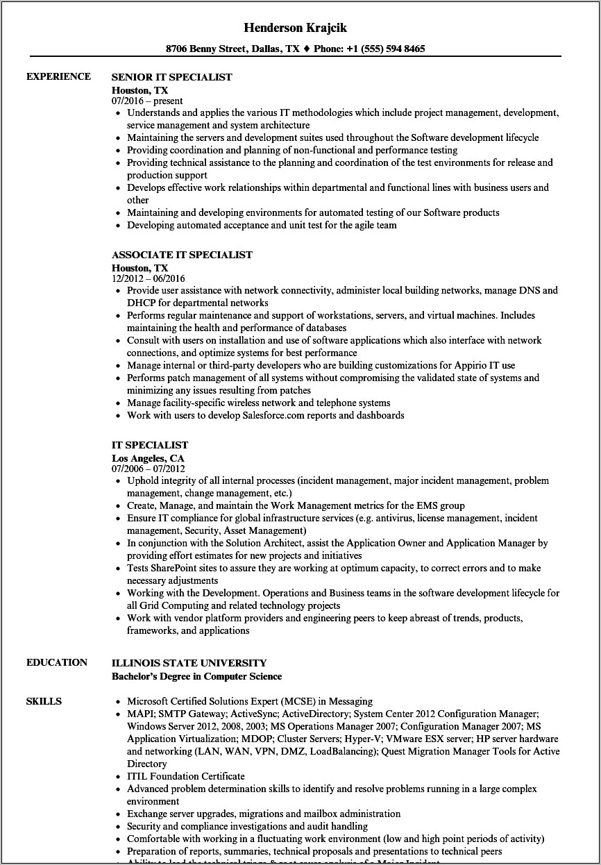 Examples Of It Specialist Resumes