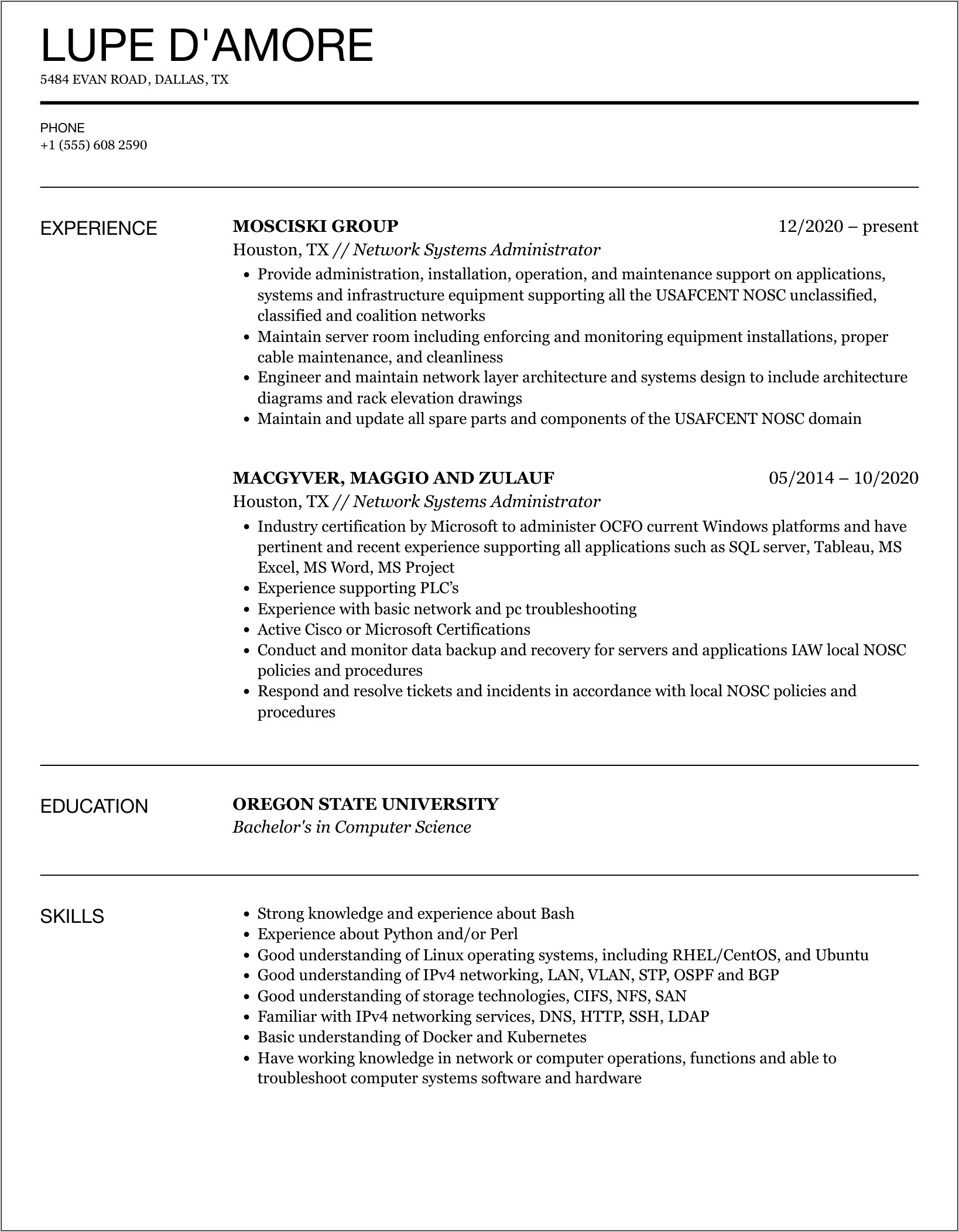Examples Of Network Administrator Resume