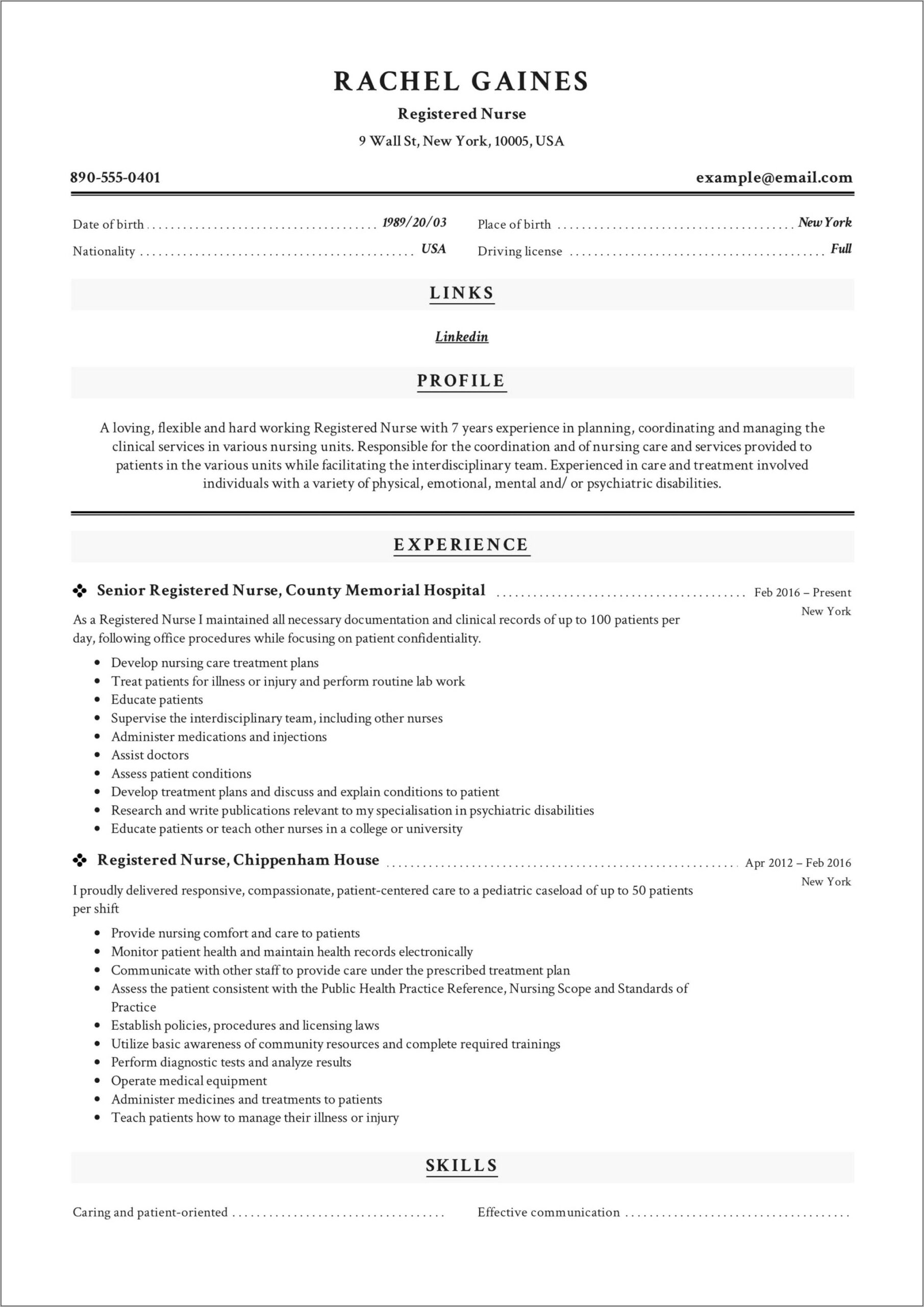 Examples Of Nursing Professional Resume