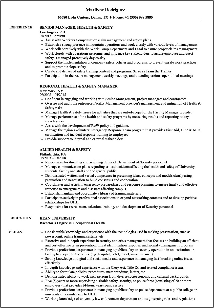 Examples Of Occupational Safety Resumes