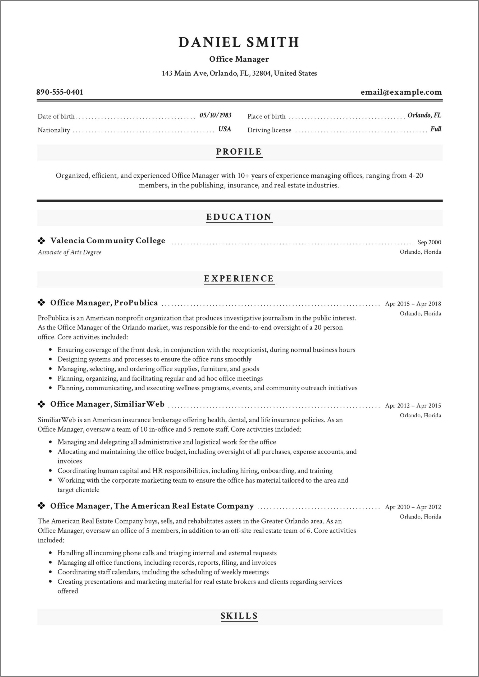 Examples Of Office Administrator Resume