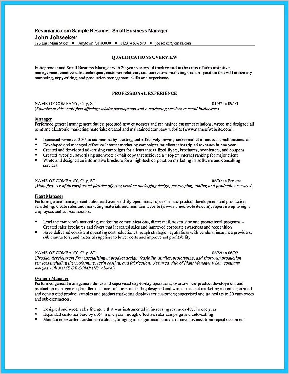 Examples Of Plant Manager Resumes