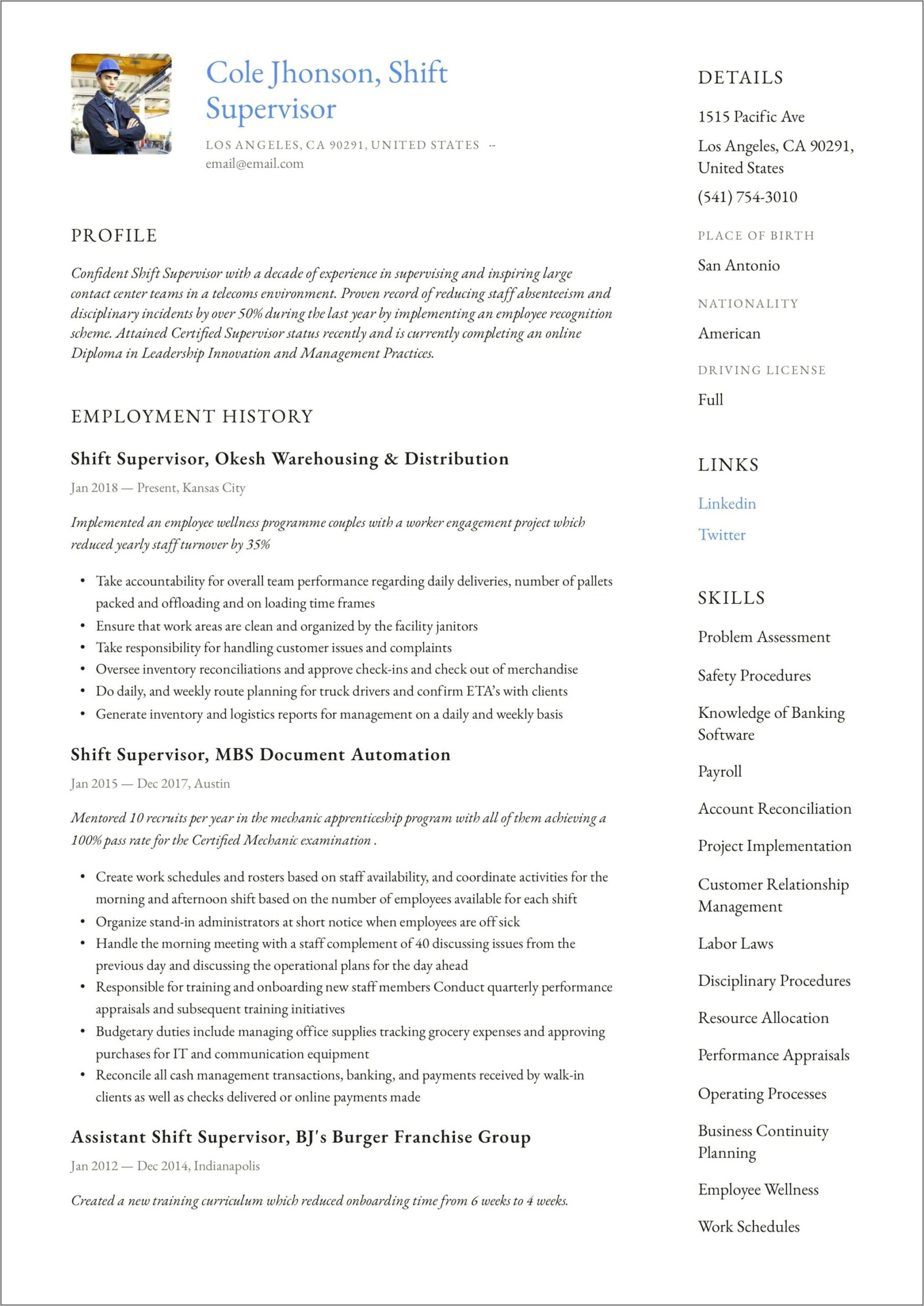 Examples Of Production Supervisor Resume