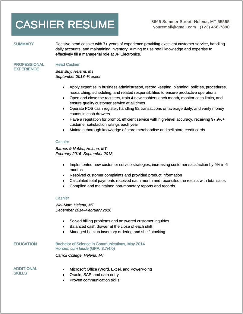 Examples Of Resume For Cashier