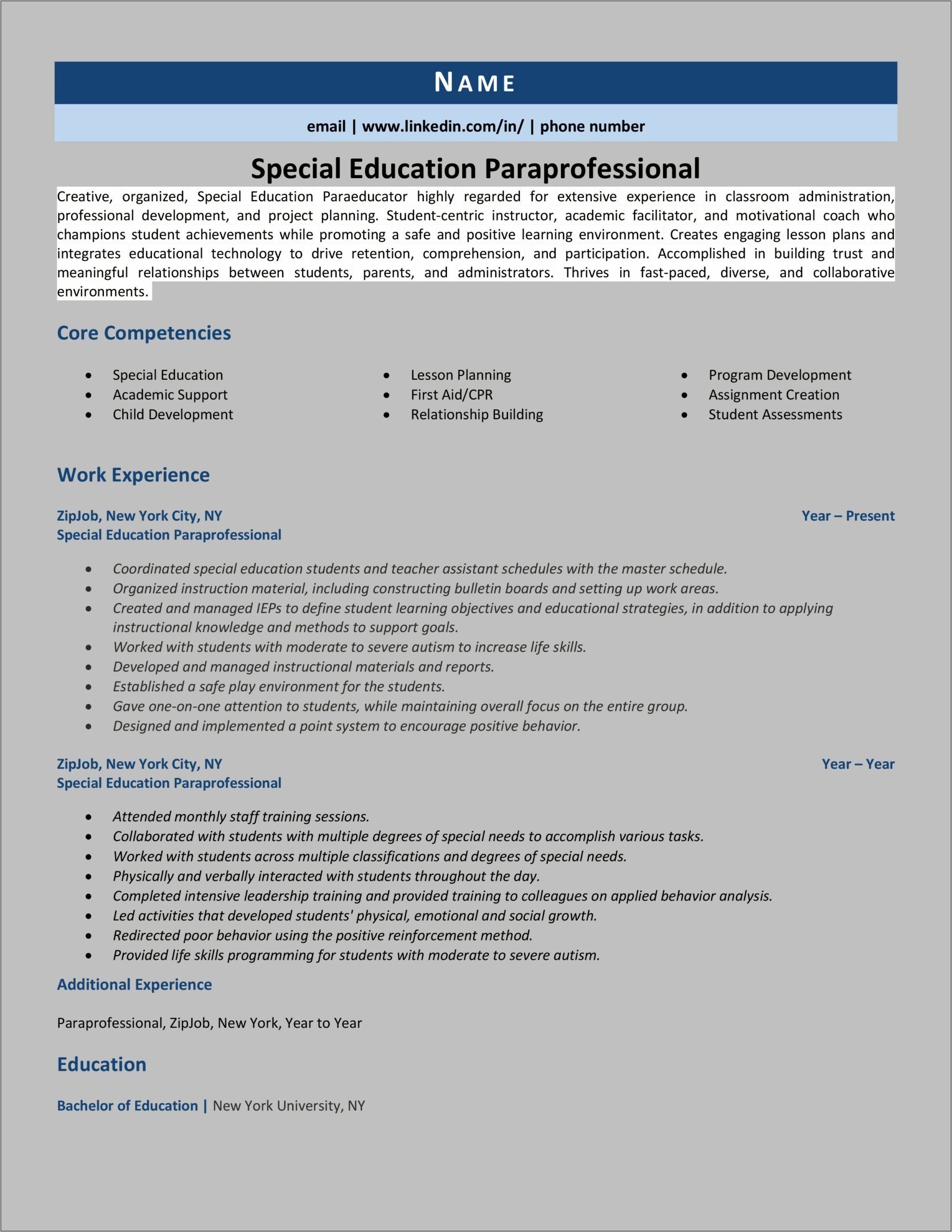 Examples Of Special Education Resumes