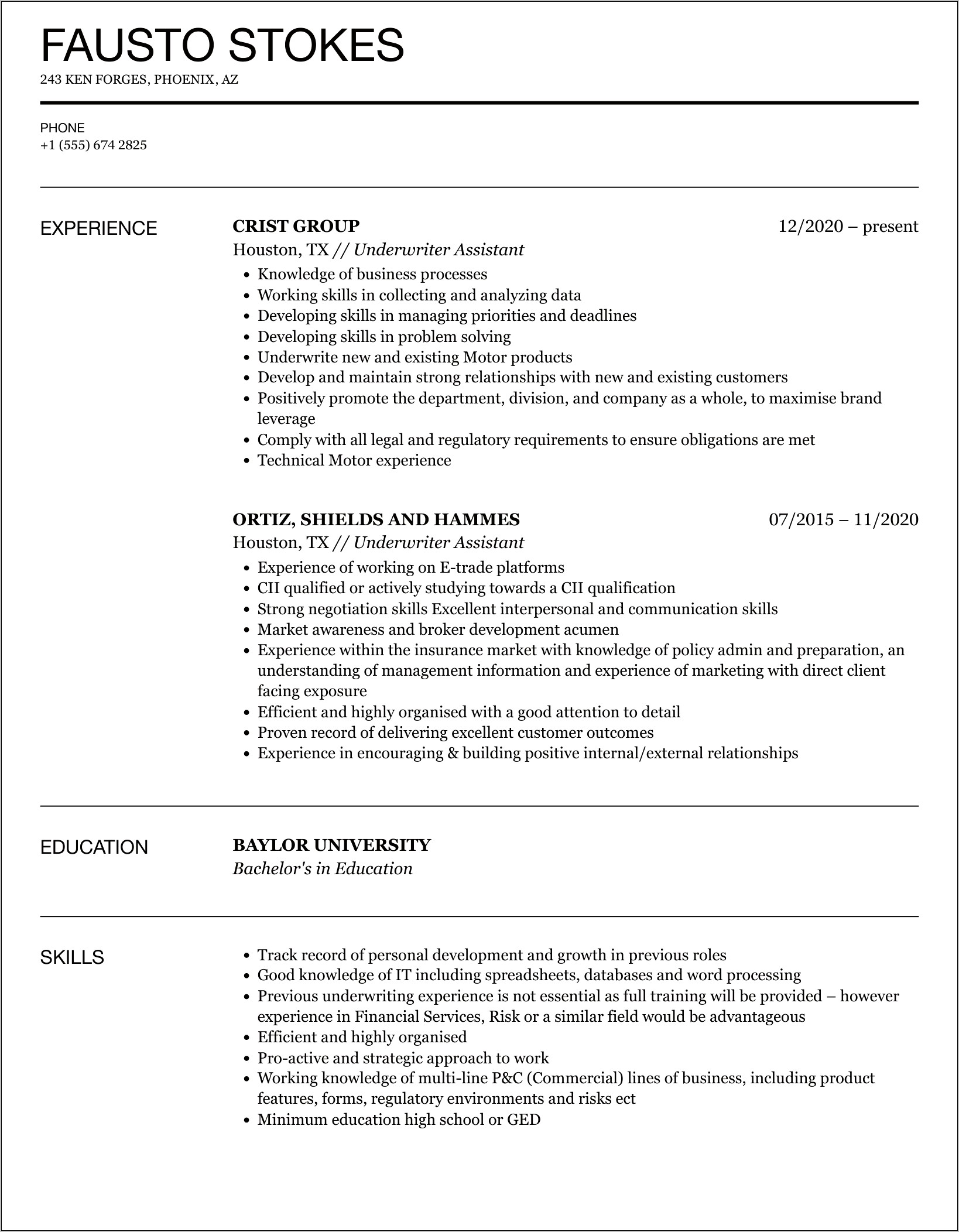 Examples Of Underwriting Assistant Resume