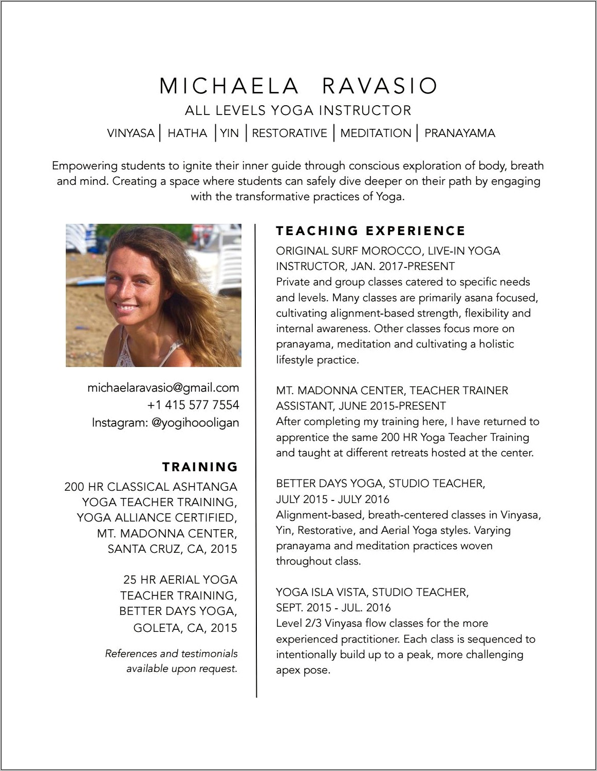 Examples Of Yoga Teacher Resume