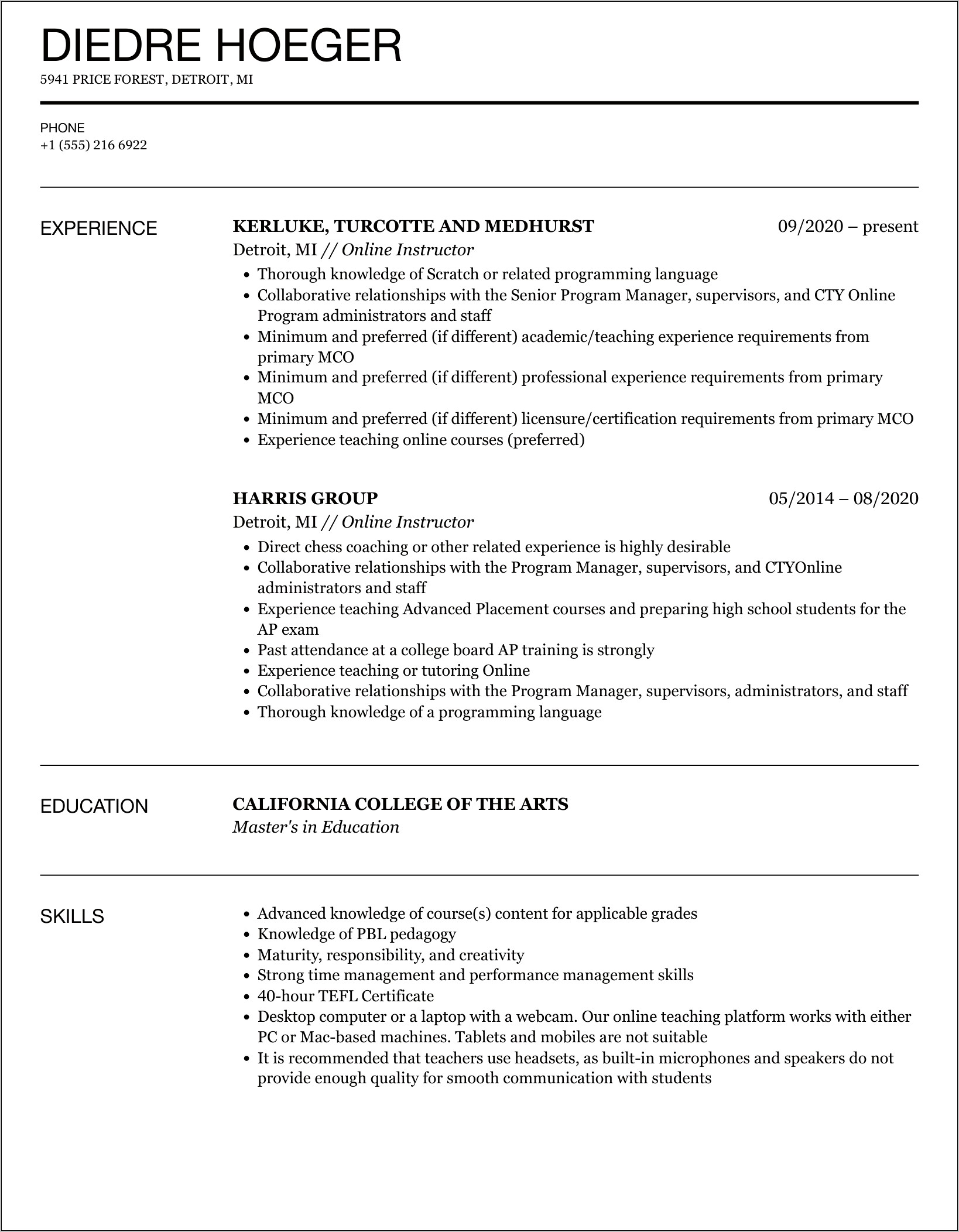 Examples Online Teaching Resume Templates