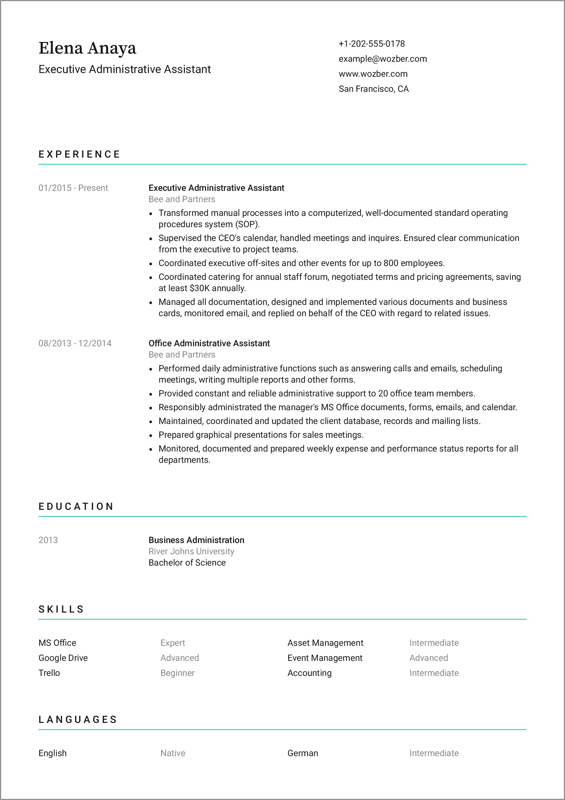 Executive Assistant Skills Based Resume