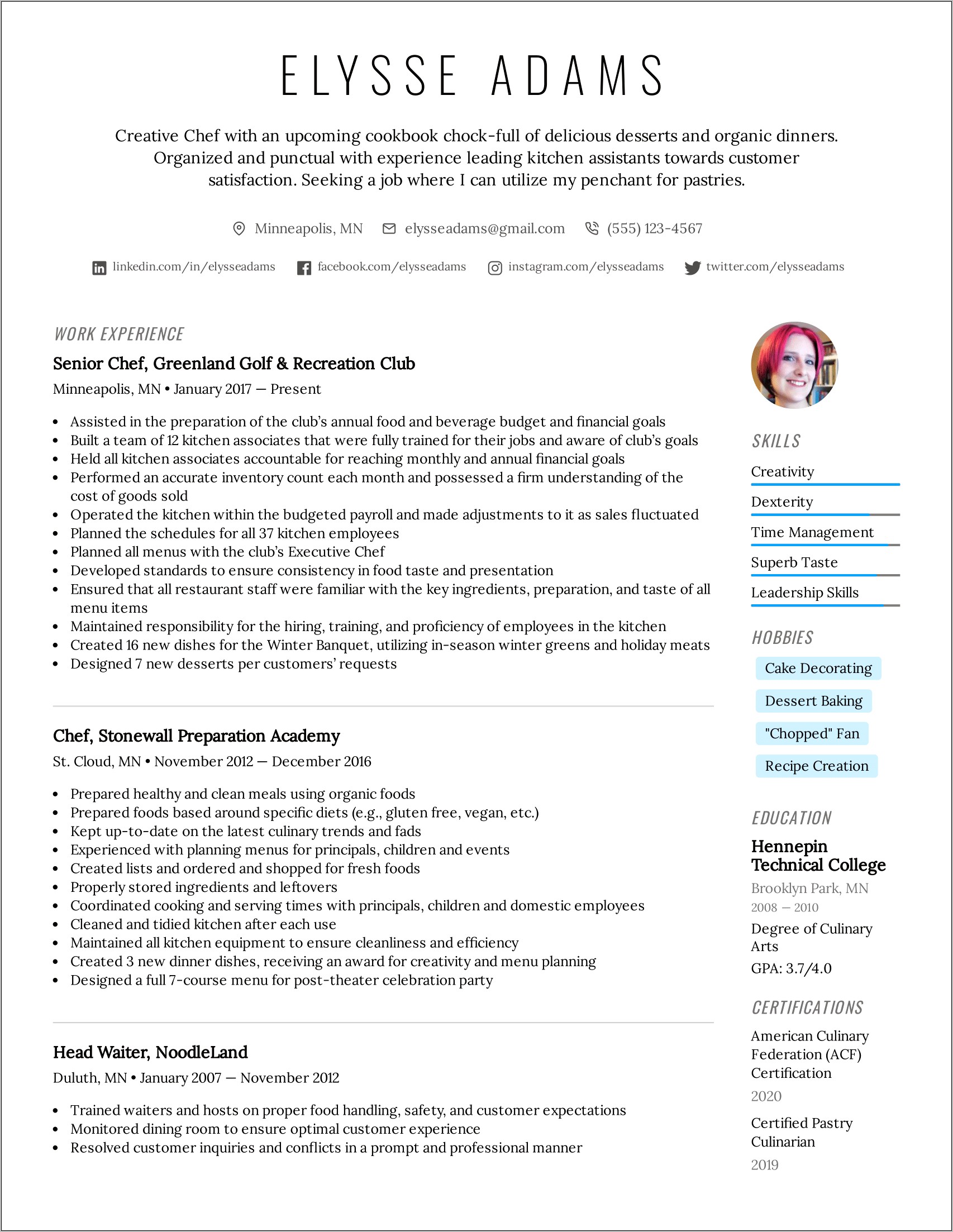 Executive Chef Resume Objective Samples